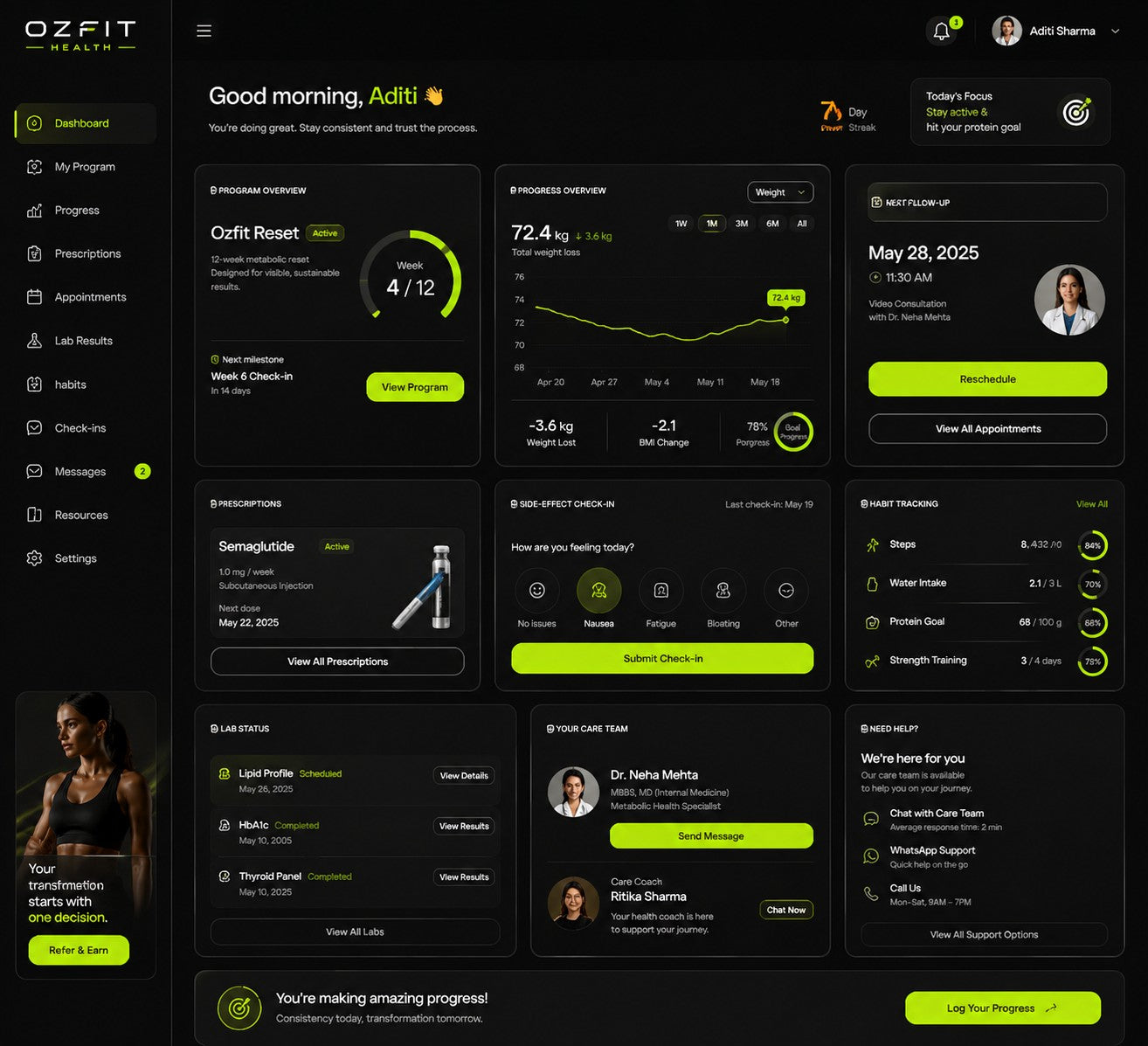 OZI Fit Health app preview showing prescriptions, doctor follow-up, care team support, and progress tracking